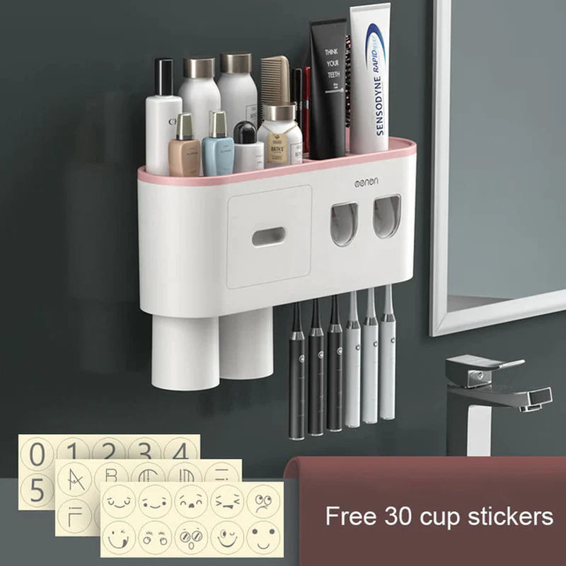 magnetic adsorption toothbrush holder waterproof storage box 2/3/4 cup toothpaste dispenser wall mounted bathroom accessories