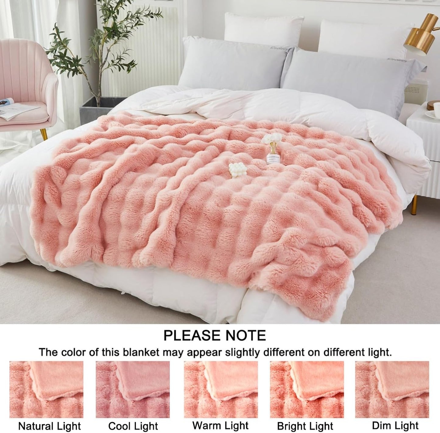 decorative soft fuzzy faux fur throw blanket for couch sofa 51''x63'', reversible plush warm fluffy blanket for bed chair, cute cozy thick bubble furry blanket for kids adults,blush pink