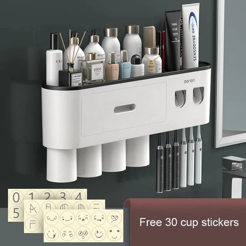 magnetic adsorption toothbrush holder waterproof storage box 2/3/4 cup toothpaste dispenser wall mounted bathroom accessories