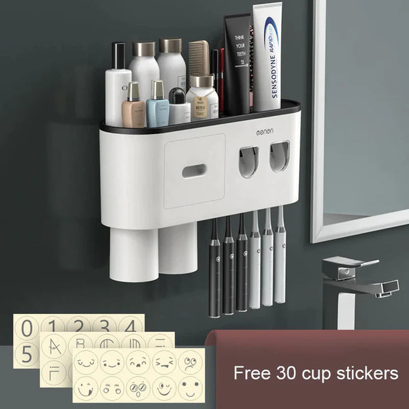 magnetic adsorption toothbrush holder waterproof storage box 2/3/4 cup toothpaste dispenser wall mounted bathroom accessories