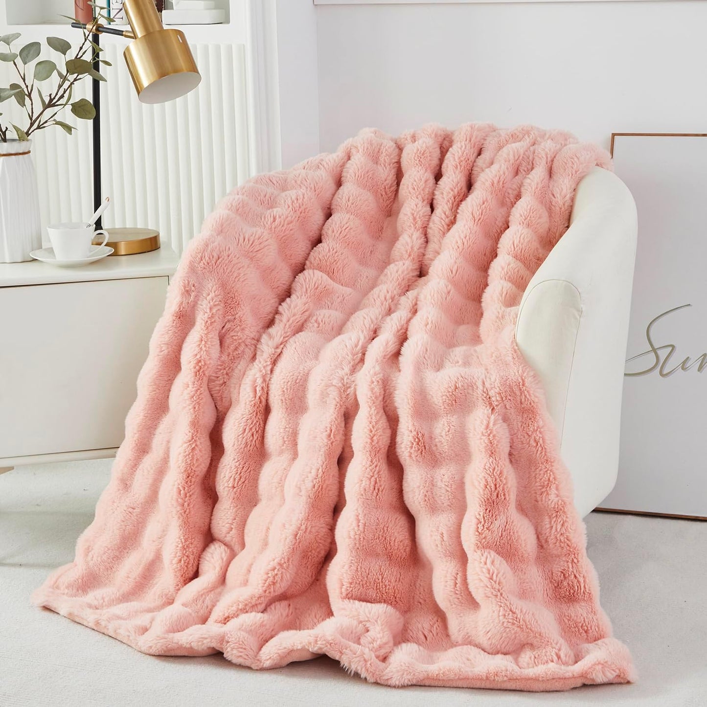decorative soft fuzzy faux fur throw blanket for couch sofa 51''x63'', reversible plush warm fluffy blanket for bed chair, cute cozy thick bubble furry blanket for kids adults,blush pink