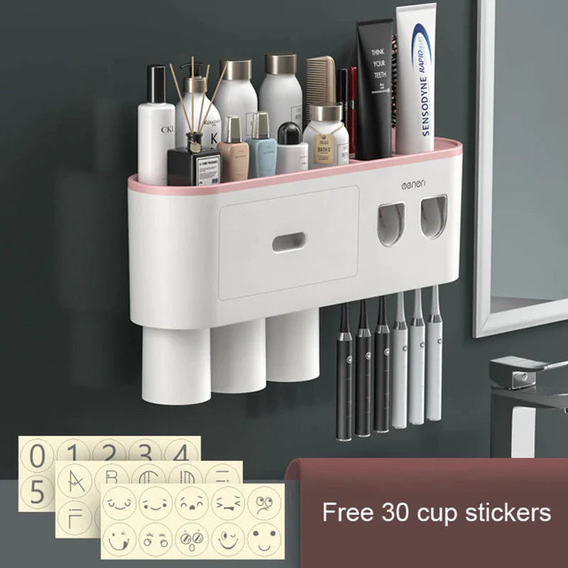 magnetic adsorption toothbrush holder waterproof storage box 2/3/4 cup toothpaste dispenser wall mounted bathroom accessories