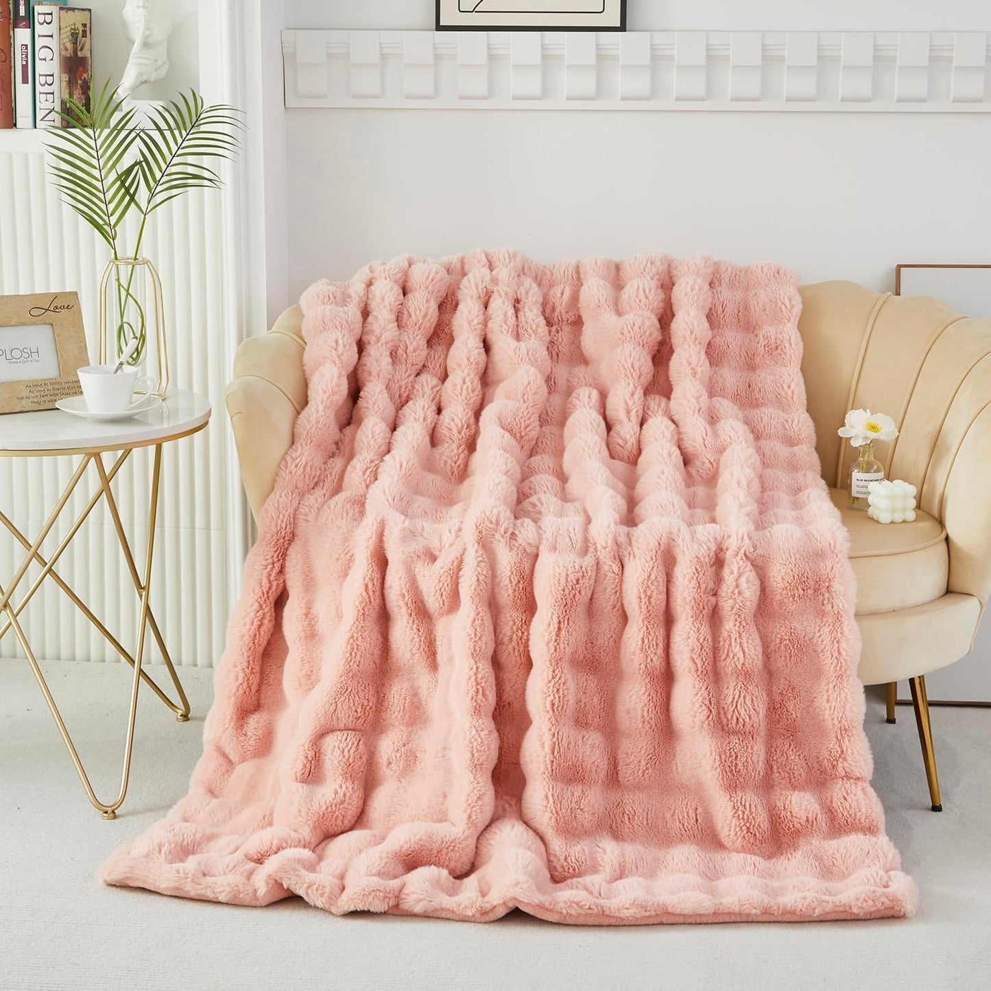 decorative soft fuzzy faux fur throw blanket for couch sofa 51''x63'', reversible plush warm fluffy blanket for bed chair, cute cozy thick bubble furry blanket for kids adults,blush pink