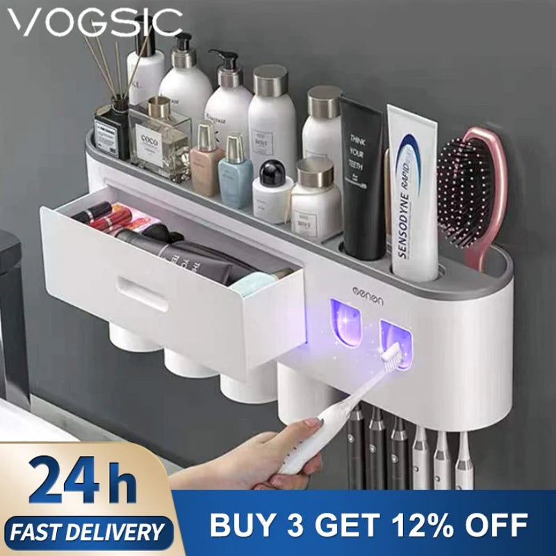 magnetic adsorption toothbrush holder waterproof storage box 2/3/4 cup toothpaste dispenser wall mounted bathroom accessories