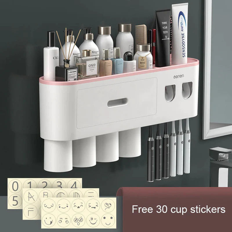 magnetic adsorption toothbrush holder waterproof storage box 2/3/4 cup toothpaste dispenser wall mounted bathroom accessories