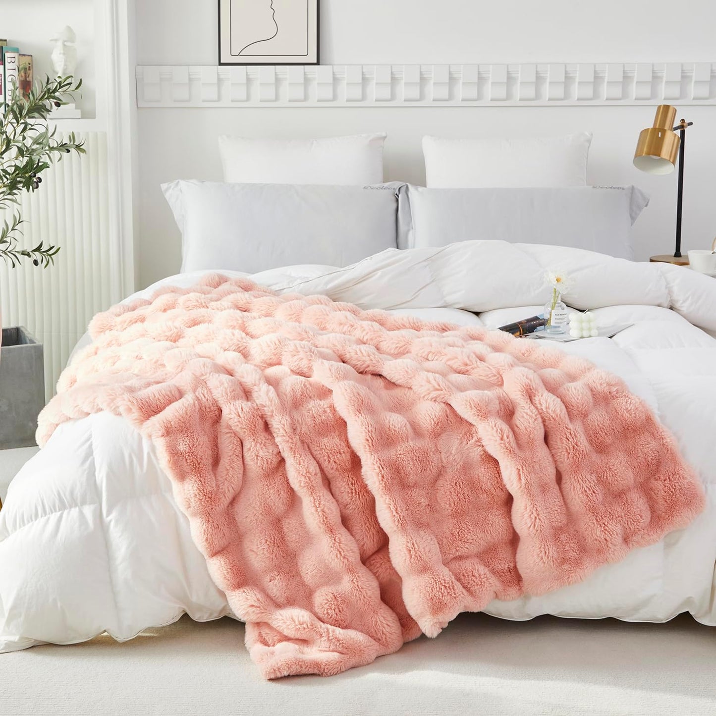 decorative soft fuzzy faux fur throw blanket for couch sofa 51''x63'', reversible plush warm fluffy blanket for bed chair, cute cozy thick bubble furry blanket for kids adults,blush pink