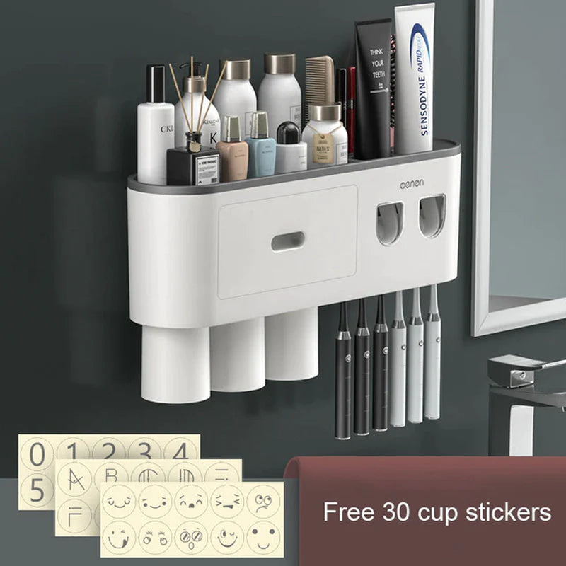 magnetic adsorption toothbrush holder waterproof storage box 2/3/4 cup toothpaste dispenser wall mounted bathroom accessories
