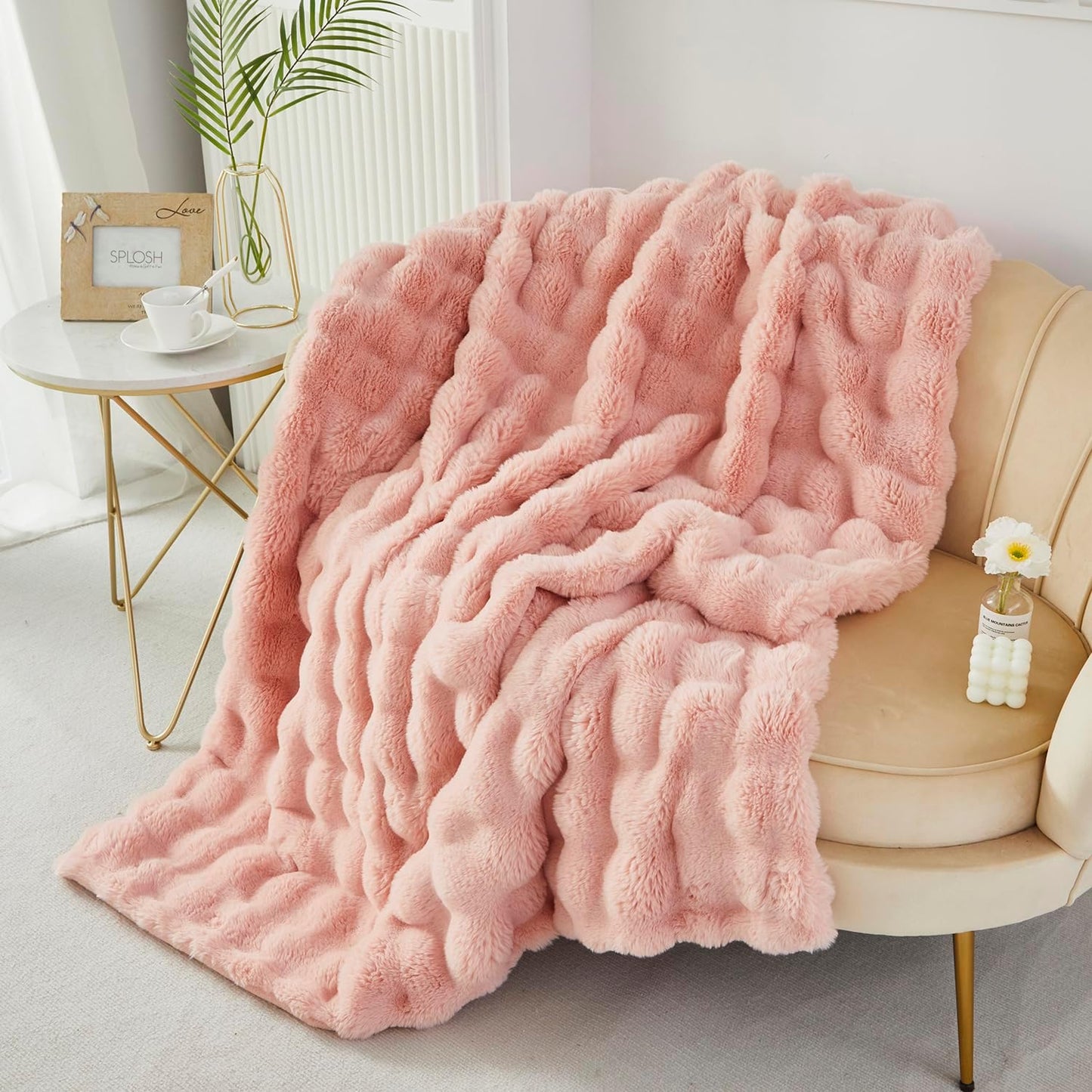 decorative soft fuzzy faux fur throw blanket for couch sofa 51''x63'', reversible plush warm fluffy blanket for bed chair, cute cozy thick bubble furry blanket for kids adults,blush pink