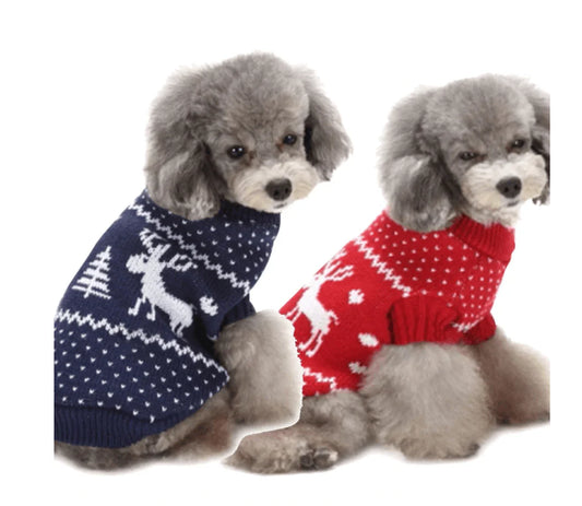 Festive Holiday Pet Sweater - Blue and Red Christmas Reindeer Design