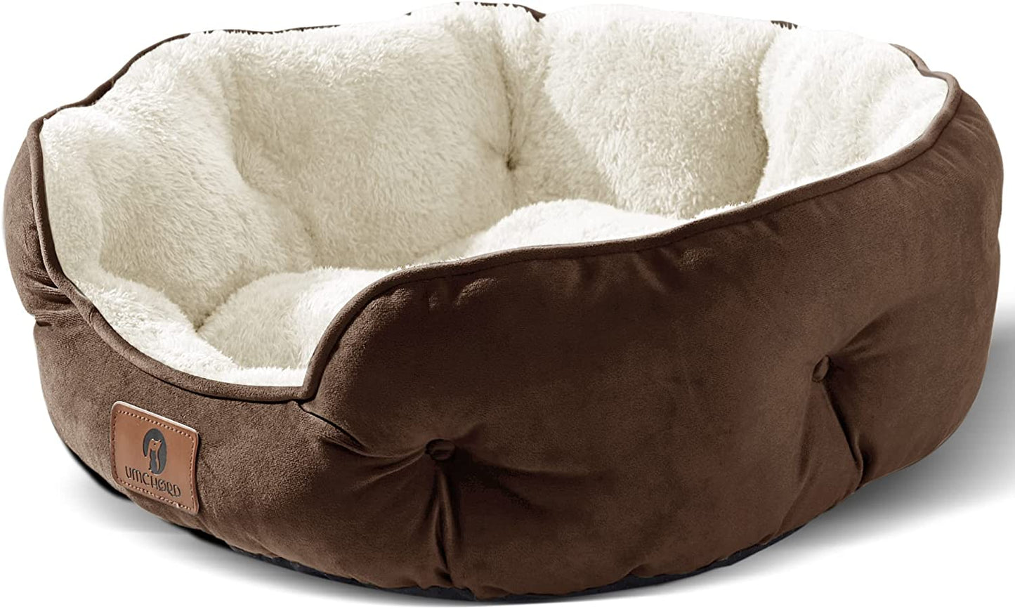 small dog bed for small dogs, cat beds for indoor cats, pet bed for puppy and kitty, extra soft & machine washable with anti-slip & water-resistant oxford bottom, brown, 20 inches