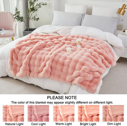 Decorative Soft Fuzzy Faux Fur Throw Blanket for Couch Sofa 51''X63'', Reversible Plush Warm Fluffy Blanket for Bed Chair, Cute Cozy Thick Bubble Furry Blanket for Kids Adults,Blush Pink