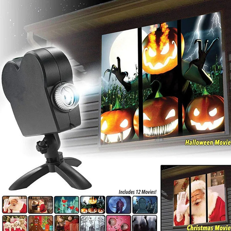 12 movies halloween holographic projection party lights led window wonderland projector stage light halloween christmas decor
