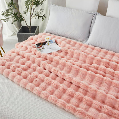 Decorative Soft Fuzzy Faux Fur Throw Blanket for Couch Sofa 51''X63'', Reversible Plush Warm Fluffy Blanket for Bed Chair, Cute Cozy Thick Bubble Furry Blanket for Kids Adults,Blush Pink