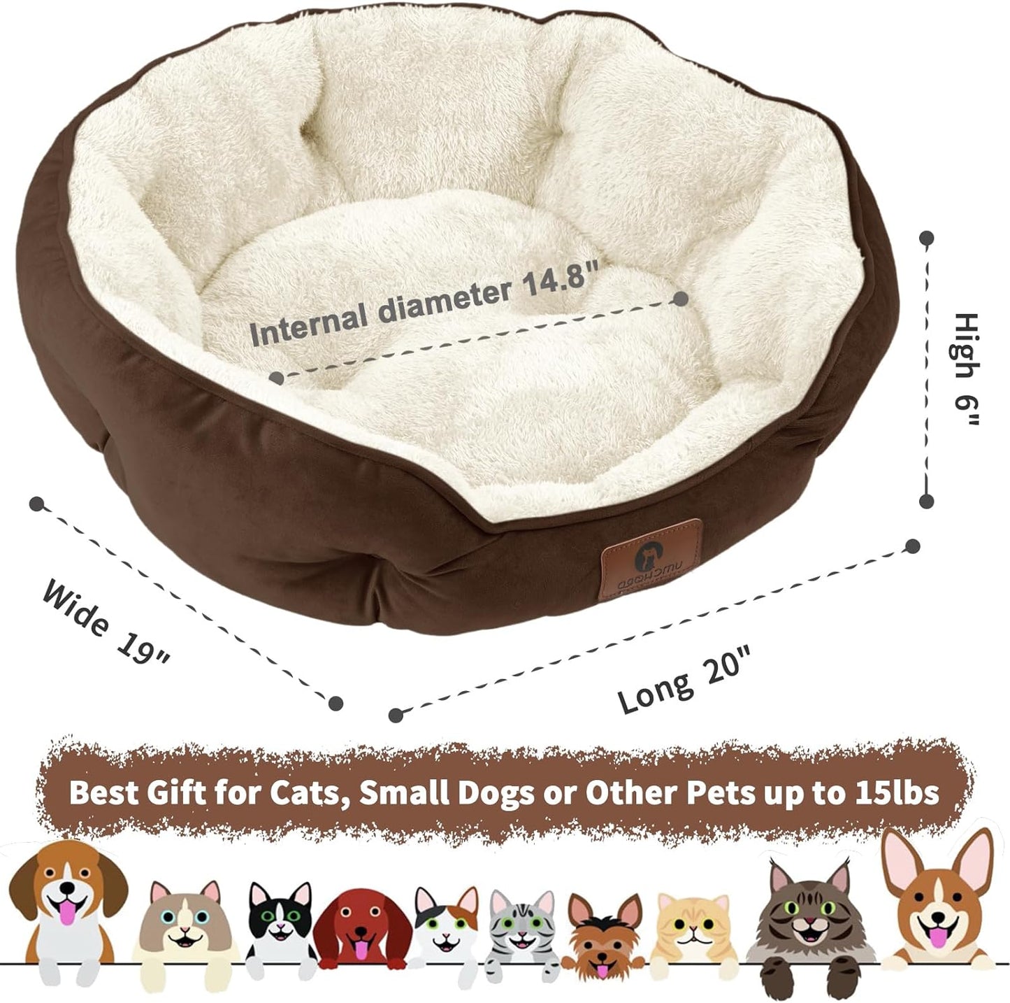 small dog bed for small dogs, cat beds for indoor cats, pet bed for puppy and kitty, extra soft & machine washable with anti-slip & water-resistant oxford bottom, brown, 20 inches