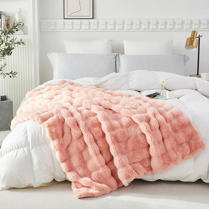 Decorative Soft Fuzzy Faux Fur Throw Blanket for Couch Sofa 51''X63'', Reversible Plush Warm Fluffy Blanket for Bed Chair, Cute Cozy Thick Bubble Furry Blanket for Kids Adults,Blush Pink