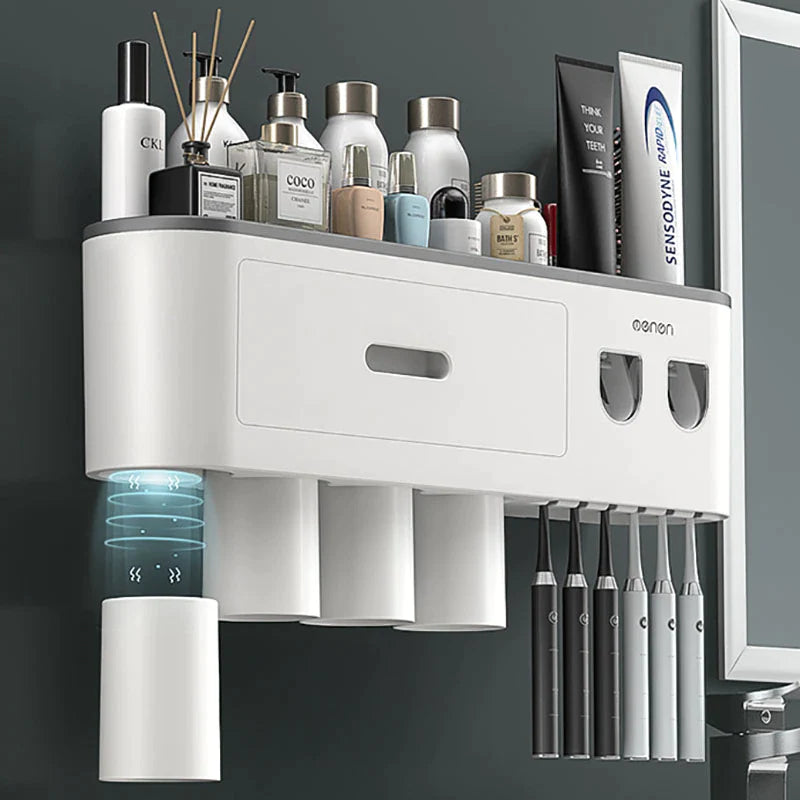 magnetic adsorption toothbrush holder waterproof storage box 2/3/4 cup toothpaste dispenser wall mounted bathroom accessories