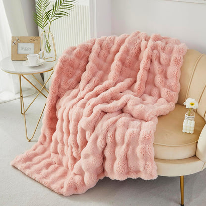 Decorative Soft Fuzzy Faux Fur Throw Blanket for Couch Sofa 51''X63'', Reversible Plush Warm Fluffy Blanket for Bed Chair, Cute Cozy Thick Bubble Furry Blanket for Kids Adults,Blush Pink